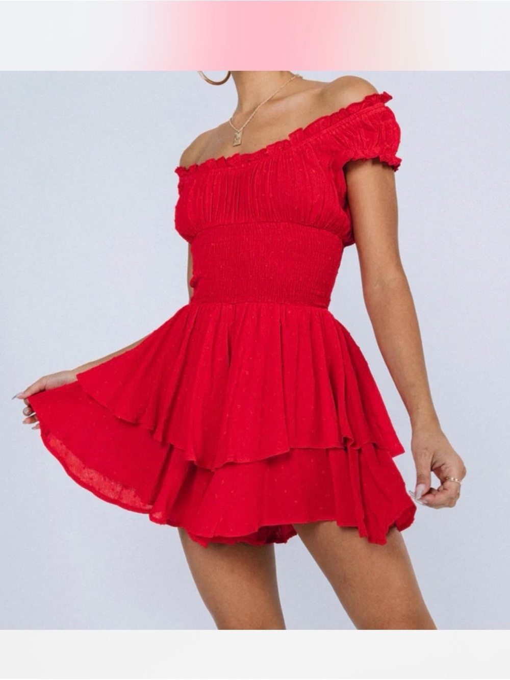 Urban Outfitters Red Off-Shoulder Tiered Mini Dress